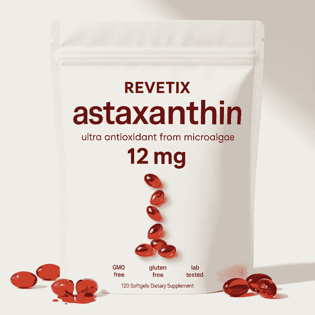 REVETIX Astaxanthin 12mg pouch with red softgels arranged in a triangle. Promotes antioxidant activity, skin health, and healthy aging naturally.