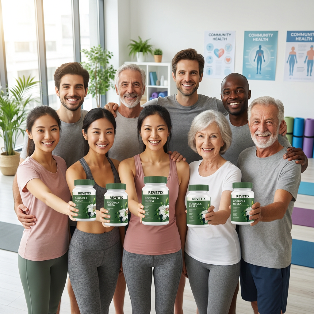 Diverse group of active adults holding REVETIX Rhodiola Rosea bottles in a wellness studio, promoting energy and balance.
