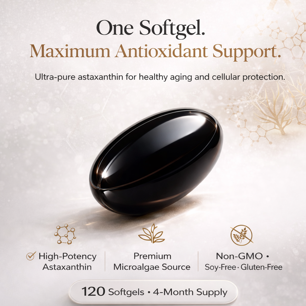 Single REVETIX Astaxanthin softgel highlighting maximum antioxidant support, non-GMO, gluten-free, and 4-month supply for cellular protection and aging.