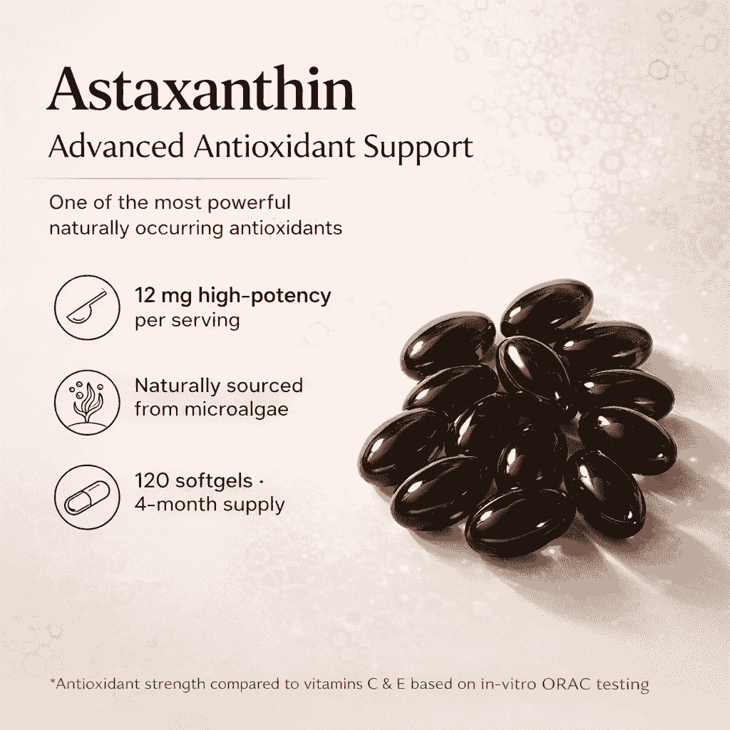 Close-up of REVETIX Astaxanthin softgels with benefits like 12mg potency, microalgae source, and 120-count supply for antioxidant and aging support.