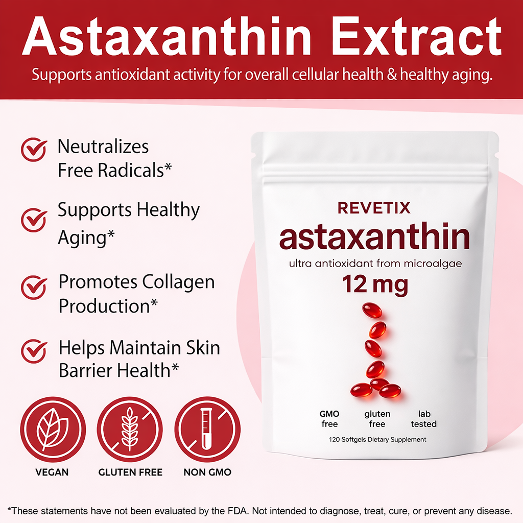 REVETIX Astaxanthin extract benefits chart showing antioxidant support, collagen production, and skin health. Vegan, gluten-free, and non-GMO supplement.