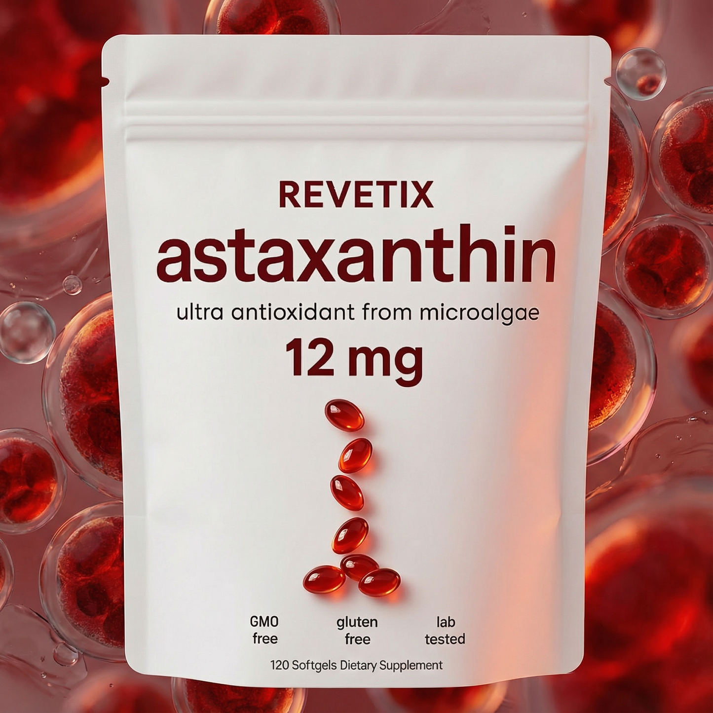 REVETIX Astaxanthin 12mg ultra antioxidant supplement from microalgae in resealable pouch with red softgels. Supports healthy aging and skin health.