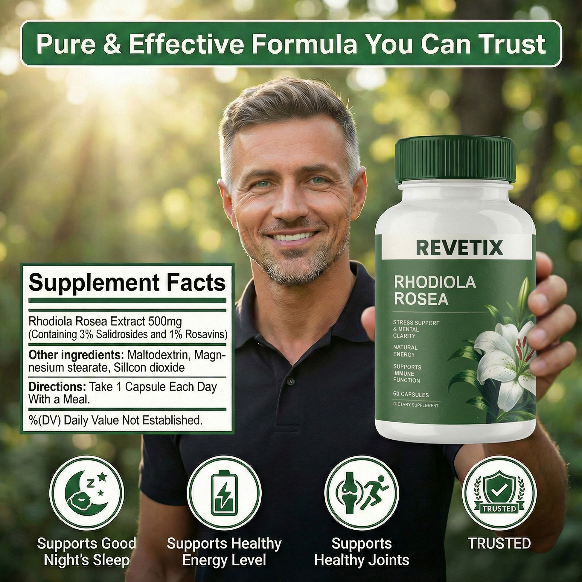 Man holding REVETIX Rhodiola Rosea with supplement facts and icons showing support for sleep, energy, and joint health.