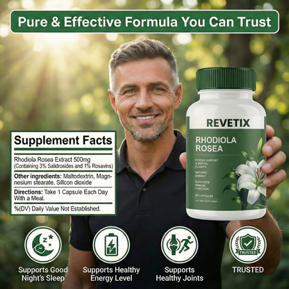 Man holding REVETIX Rhodiola Rosea with supplement facts and icons showing support for sleep, energy, and joint health.