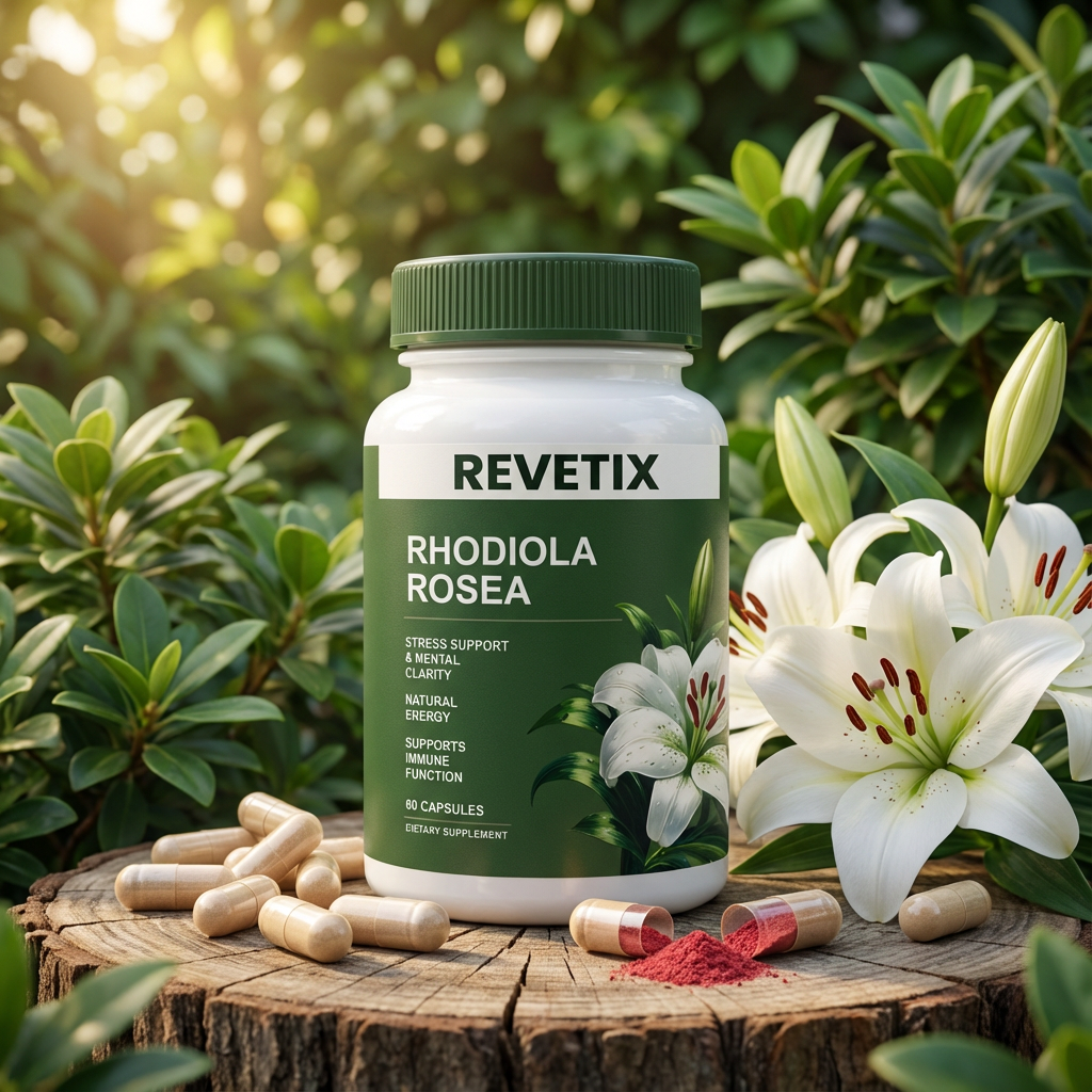 REVETIX Rhodiola Rosea herbal supplement bottle with capsules and powder, surrounded by white lilies in a natural garden setting.