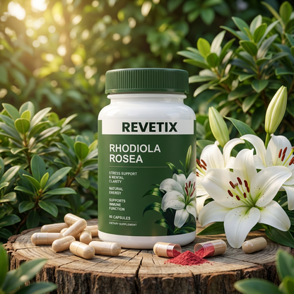REVETIX Rhodiola Rosea herbal supplement bottle with capsules and powder, surrounded by white lilies in a natural garden setting.