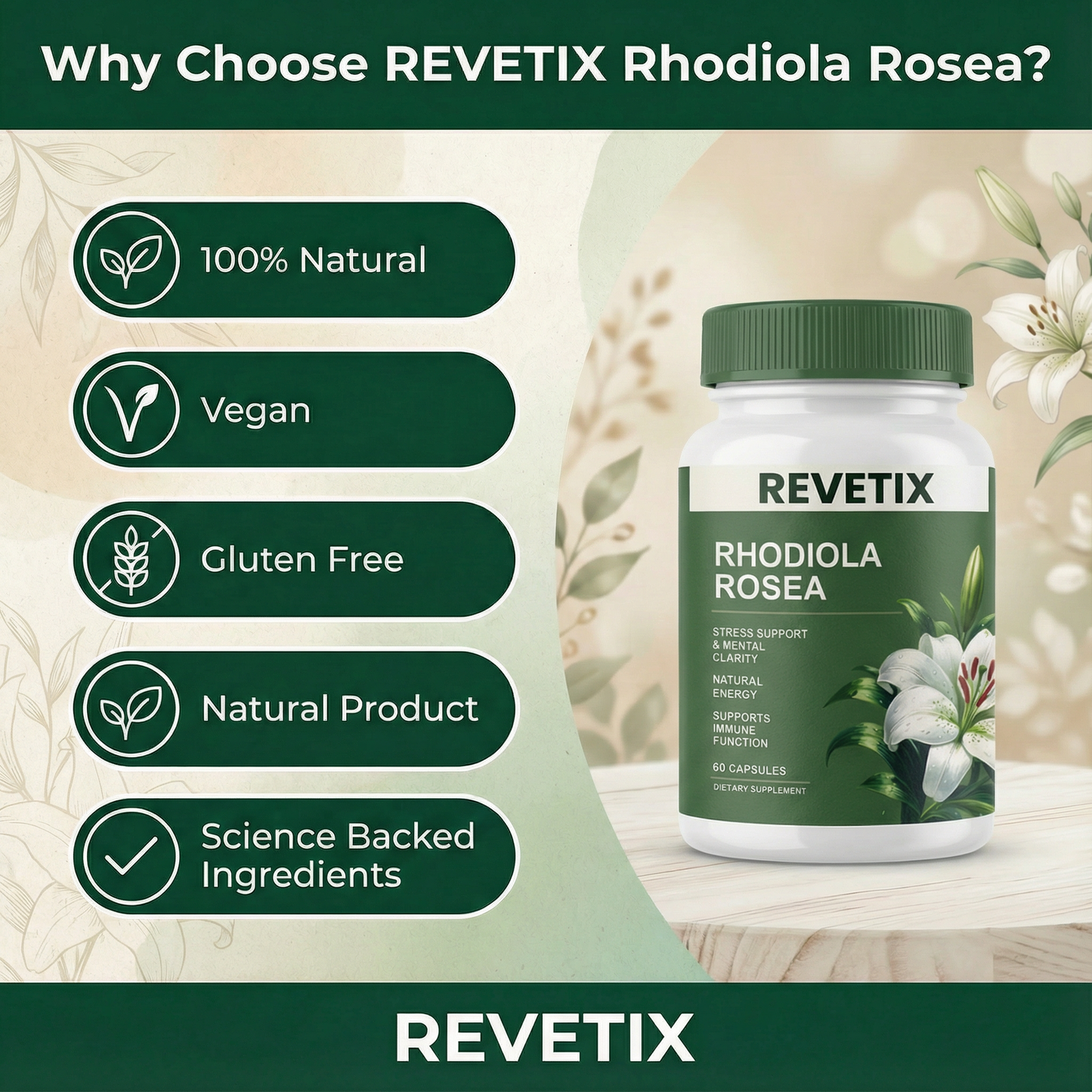 REVETIX Rhodiola Rosea benefits infographic showing it's 100% natural, vegan, gluten-free, and made with science-backed ingredients.