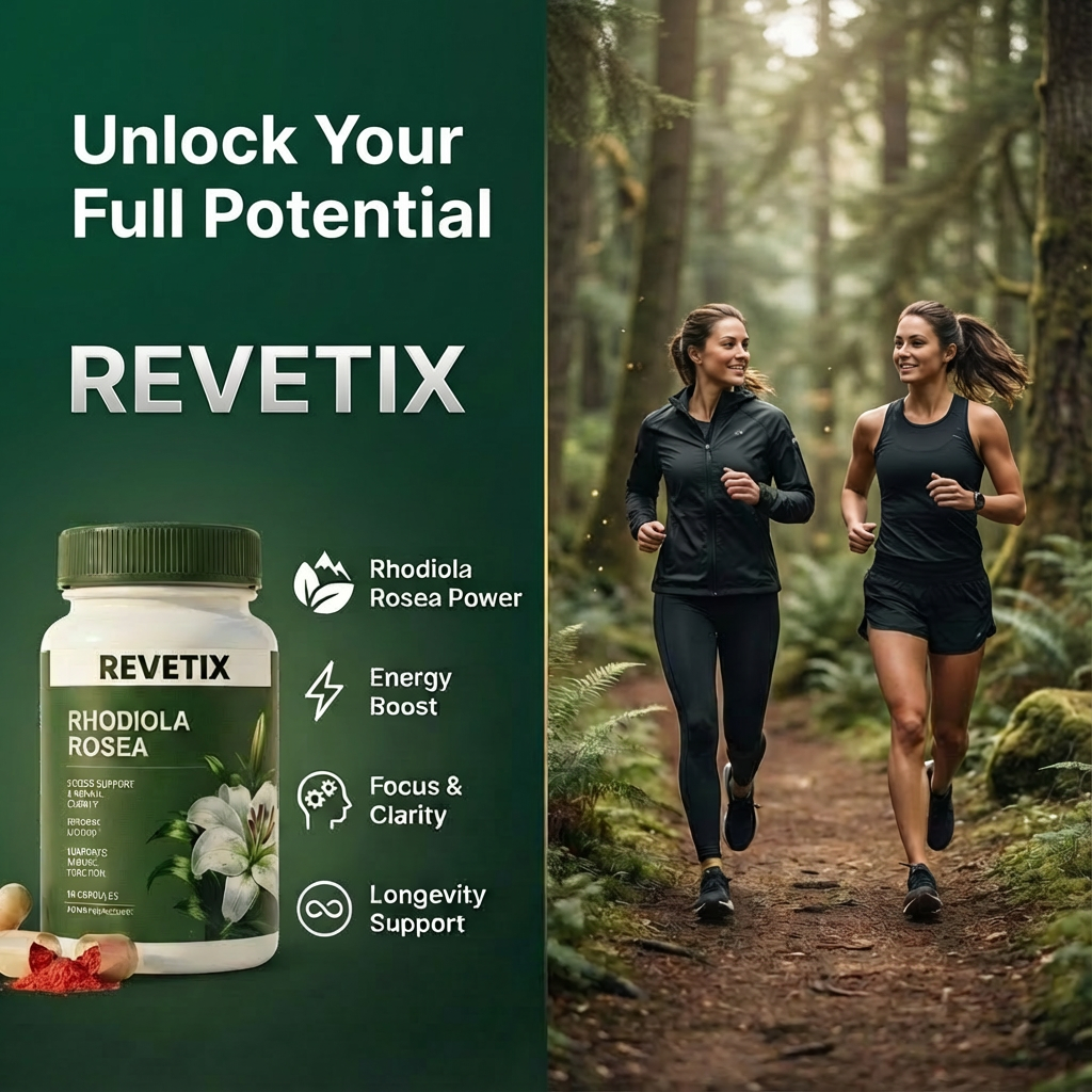 Two women jogging in a forest with REVETIX Rhodiola Rosea supplement benefits like energy boost, focus, and longevity support displayed.