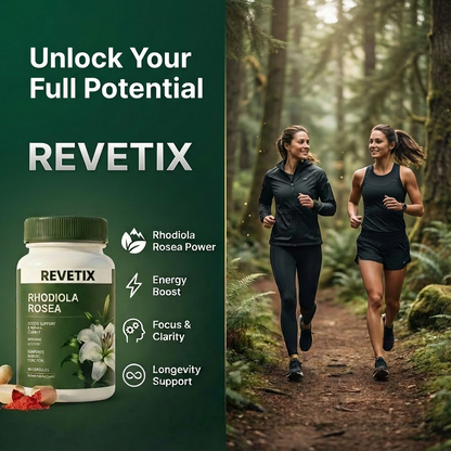 Two women jogging in a forest with REVETIX Rhodiola Rosea supplement benefits like energy boost, focus, and longevity support displayed.