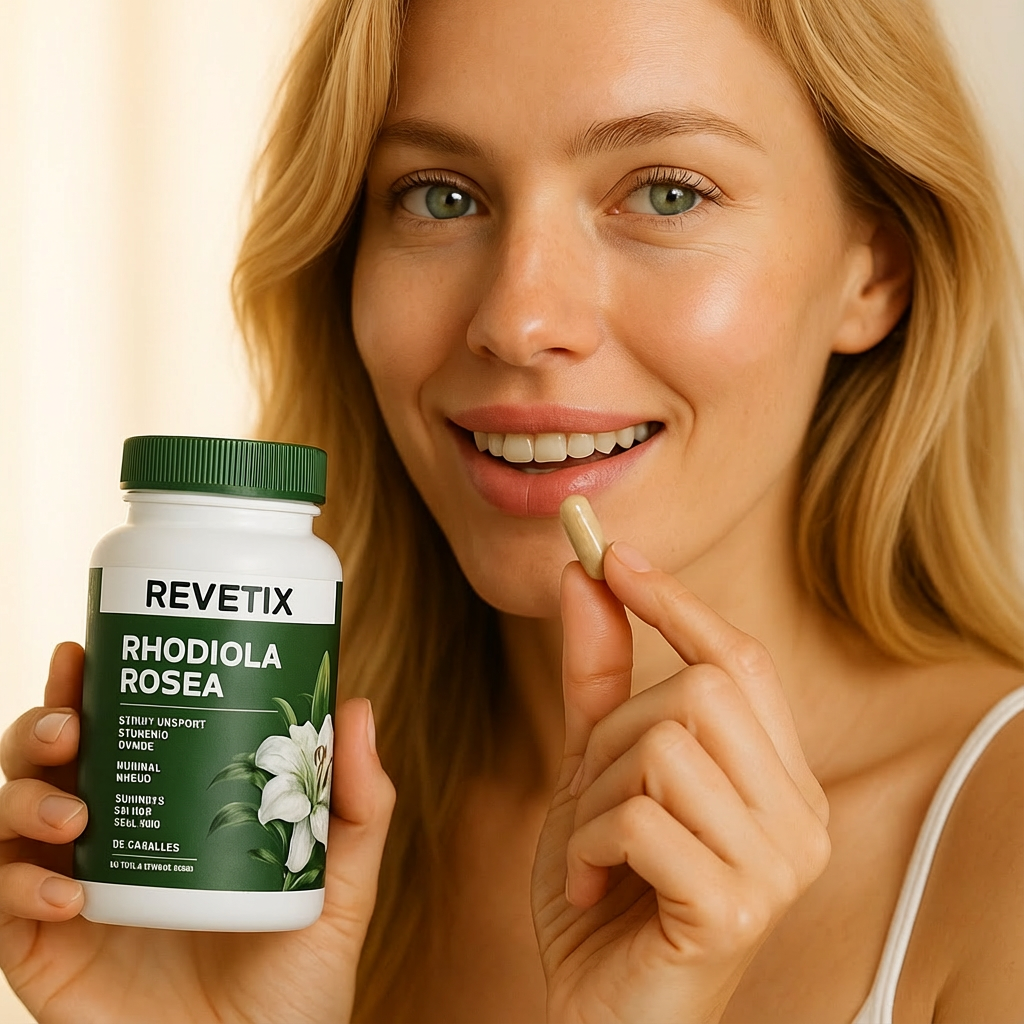 Smiling woman holding REVETIX Rhodiola Rosea and a capsule, highlighting daily supplement for stress and focus support.
