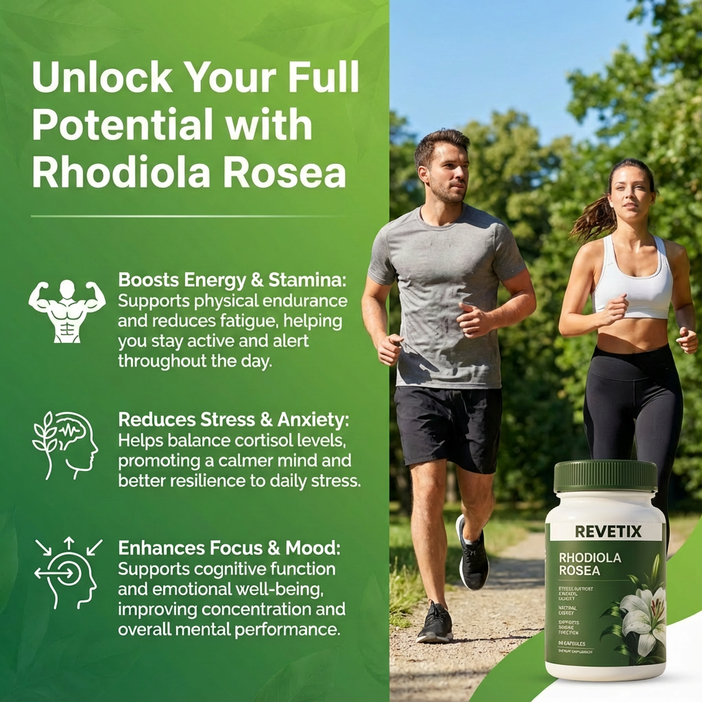 REVETIX Rhodiola Rosea infographic showing benefits like energy boost, stress reduction, and improved focus and mood.