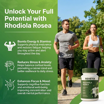 REVETIX Rhodiola Rosea infographic showing benefits like energy boost, stress reduction, and improved focus and mood.