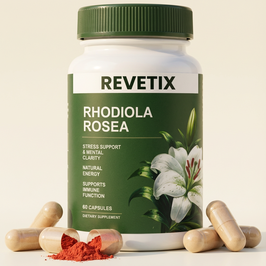 Close-up of REVETIX Rhodiola Rosea bottle with capsules and red powder, highlighting stress, energy, and immune support benefits.