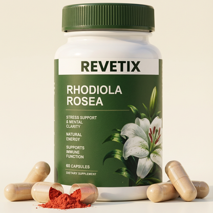 Close-up of REVETIX Rhodiola Rosea bottle with capsules and red powder, highlighting stress, energy, and immune support benefits.