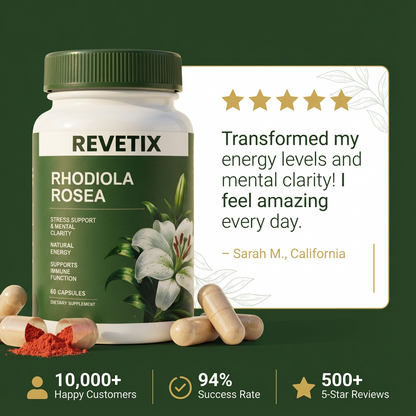 REVETIX Rhodiola Rosea supplement with customer testimonial and icons showing 10,000+ happy customers, 94% success rate, and 500+ 5-star reviews.