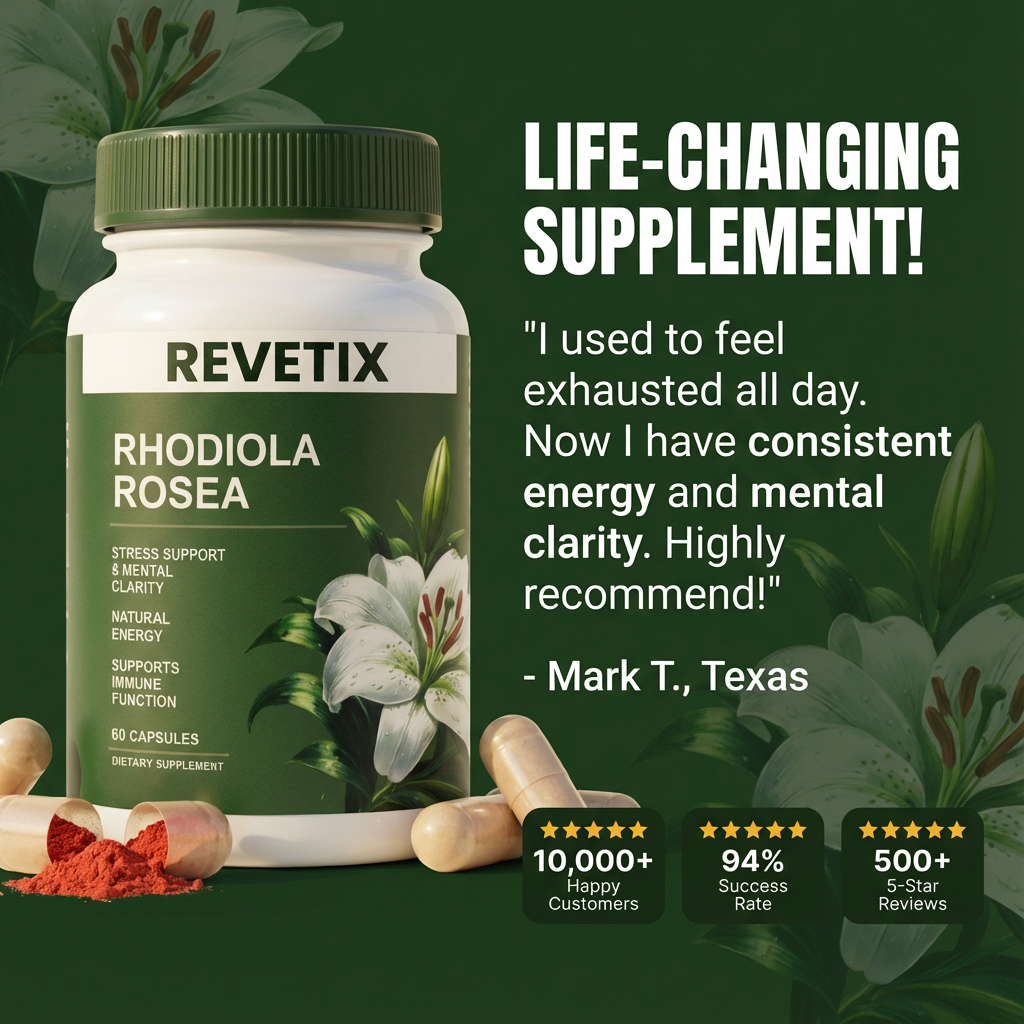 REVETIX Rhodiola Rosea bottle with testimonial highlighting improved energy and mental clarity, plus customer satisfaction stats.
