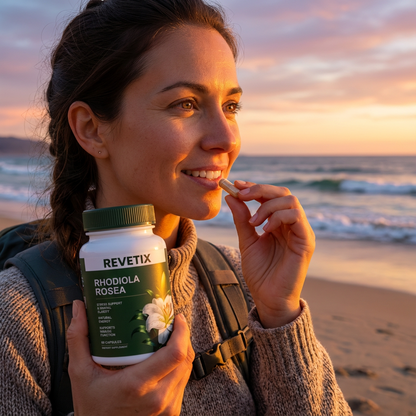 Woman on beach at sunset taking REVETIX Rhodiola Rosea capsule, symbolizing natural energy and mental clarity support.