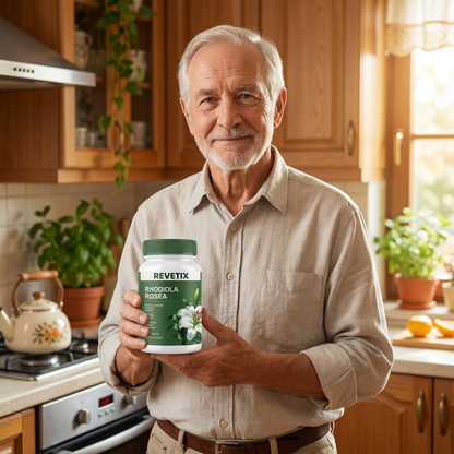 Smiling senior man in kitchen holding REVETIX Rhodiola Rosea supplement bottle, promoting vitality and wellness support.