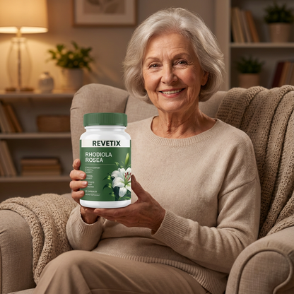 Happy senior woman sitting on couch holding REVETIX Rhodiola Rosea, emphasizing stress relief and cognitive support.