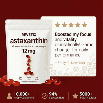 REVETIX Astaxanthin 12mg pouch with customer review praising vitality boost. Highlighted benefits include 10,000+ users, 94% success rate, and 5,000+ reviews.